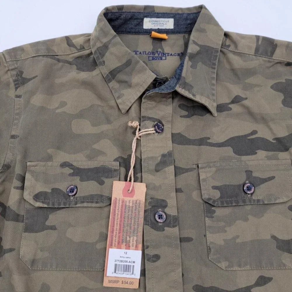 NEW Tailor Vintage Boys Size 12 Green Long Sleeve Button-Down Shirt